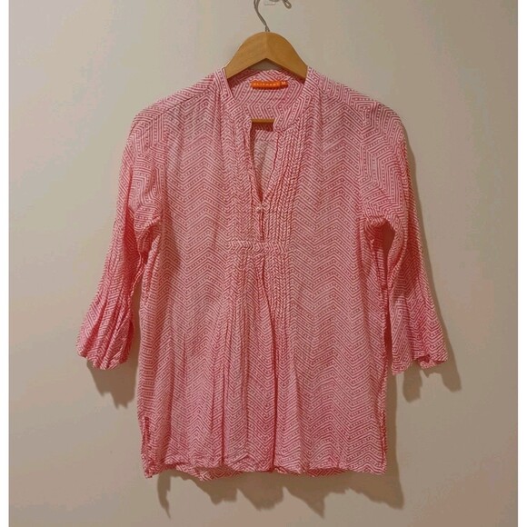 Oliphant Pintuck Shirt Pink Geometric Tunic Blouse Popover 3/4 Sleeve Size M - Picture 1 of 7